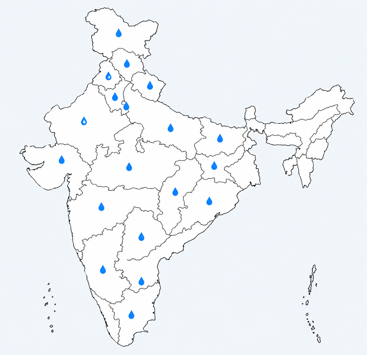 India map with blue water markers showing service locations